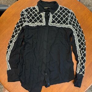 Balmain H&M Shirt Blouse Beaded Crystals Pearls Embellishment Silk